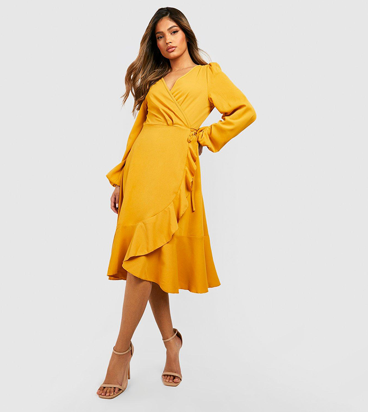 Crepe ruffle wrap hot sale midi skater dress