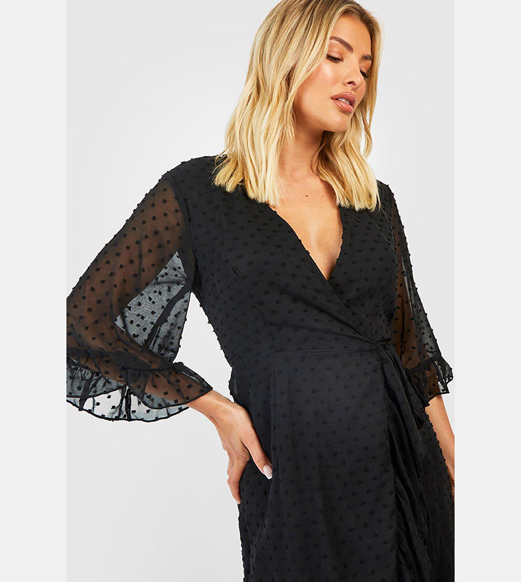 Buy Boohoo Dobby Chiffon Wide Sleeves Midi Wrap Dress In Black | 6thstreet  Qatar