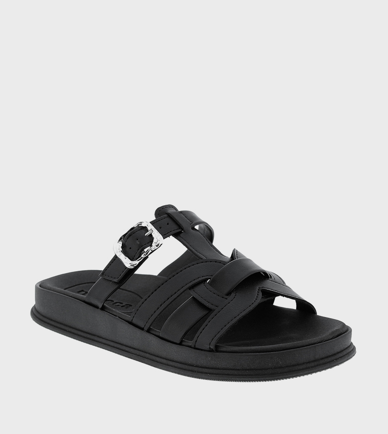 Textured Buckle Strap Flat Sandals