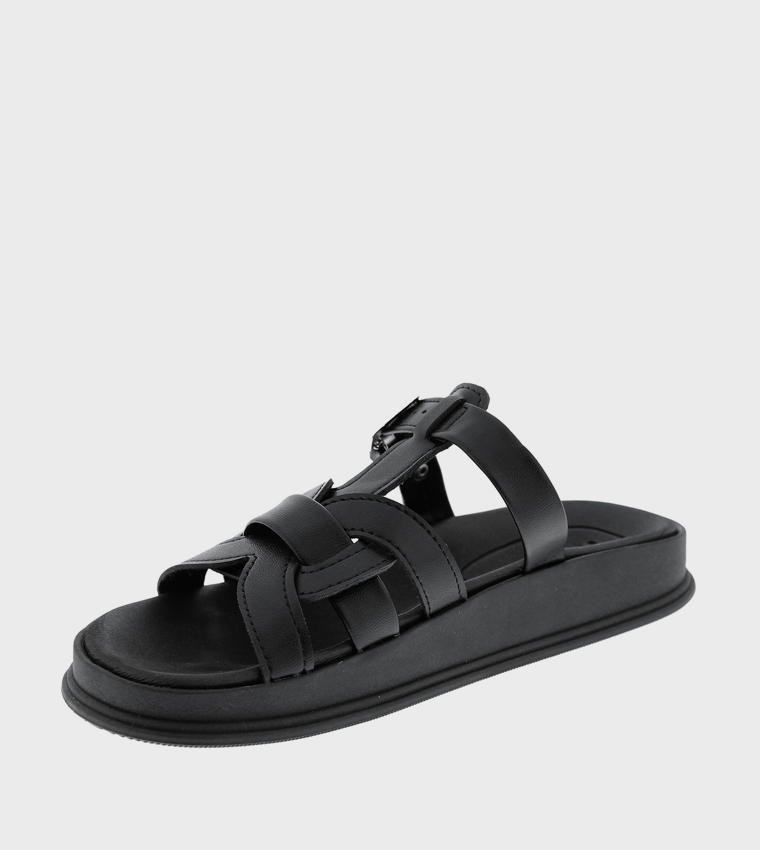 Textured Buckle Strap Flat Sandals