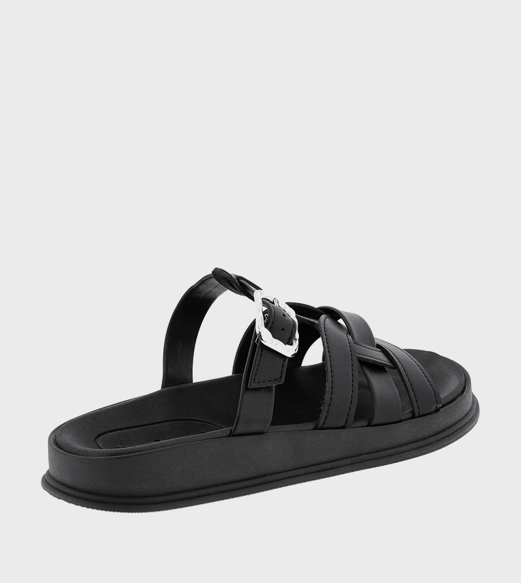 Textured Buckle Strap Flat Sandals
