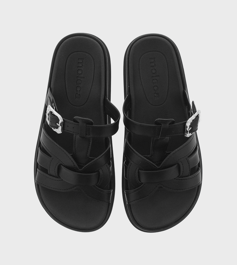 Textured Buckle Strap Flat Sandals