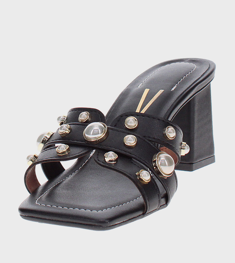 Pearl Detail Square Toe Heel Sandals