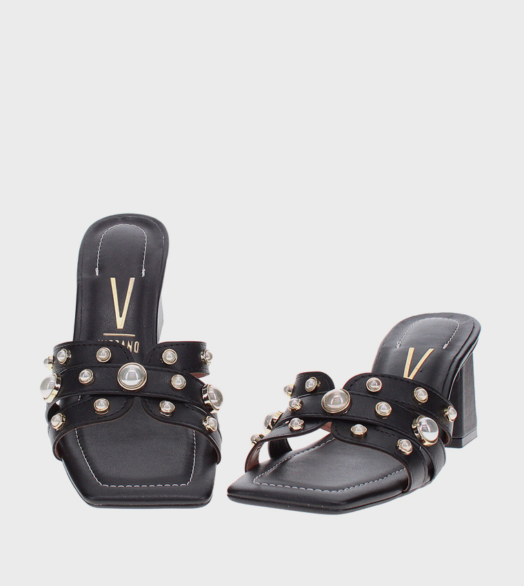 Pearl Detail Square Toe Heel Sandals