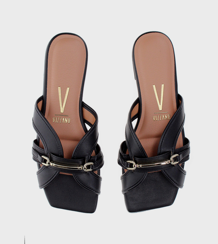 Metal Accent Square Toe Flat Sandals