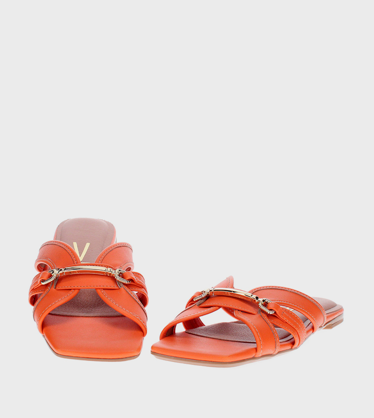 Metal Accent Square Toe Flat Sandals