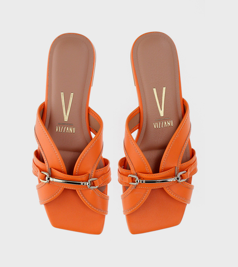 Metal Accent Square Toe Flat Sandals