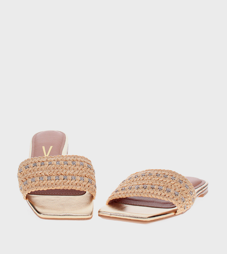 Embellished Square Toe Flat Sandals