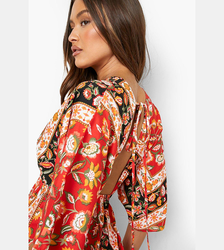 Buy Boohoo Floral Kimono Plunge Maxi Dress In Red | 6thStreet UAE