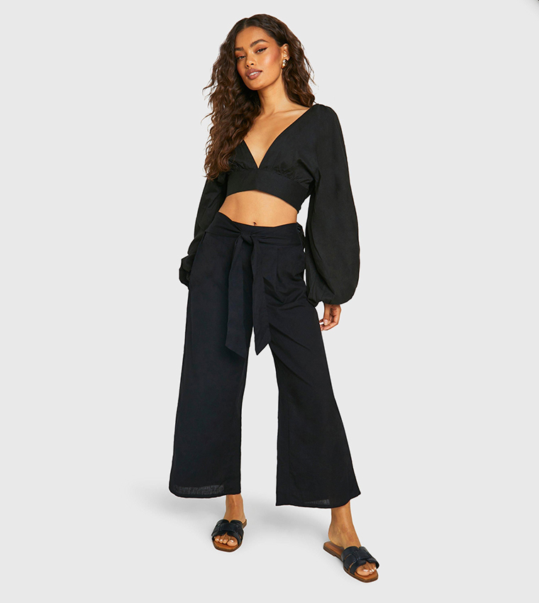 Linen Look Balloon Sleeves Crop & Wide Leg Trouser Set