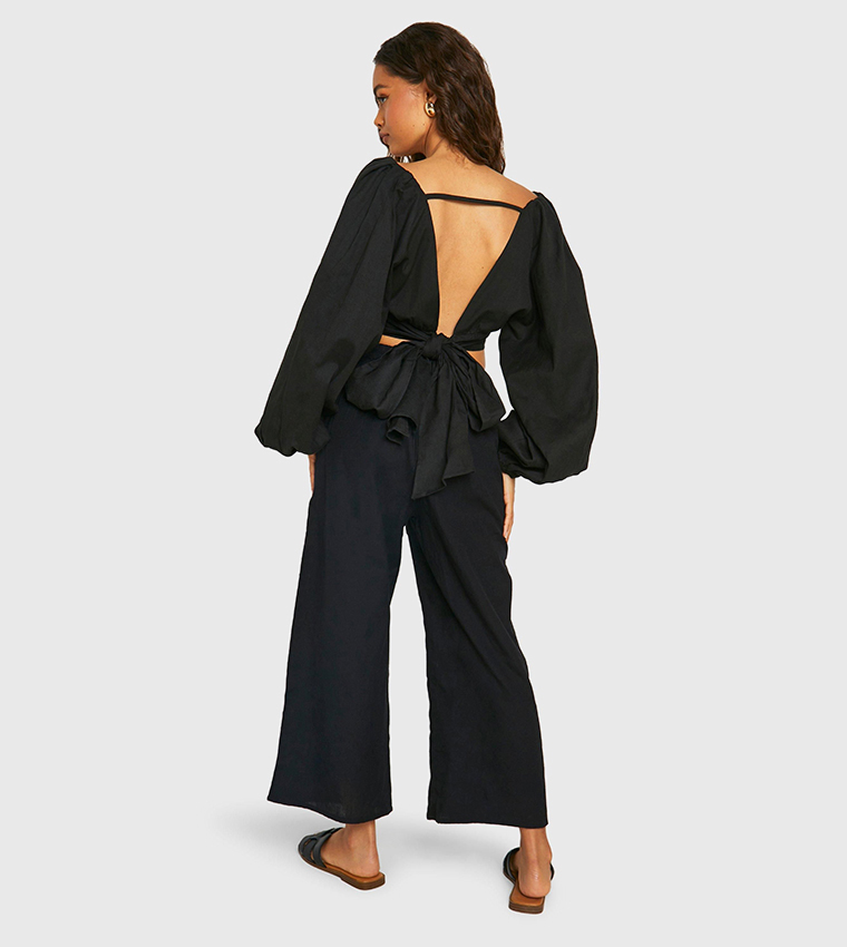 Linen Look Balloon Sleeves Crop & Wide Leg Trouser Set