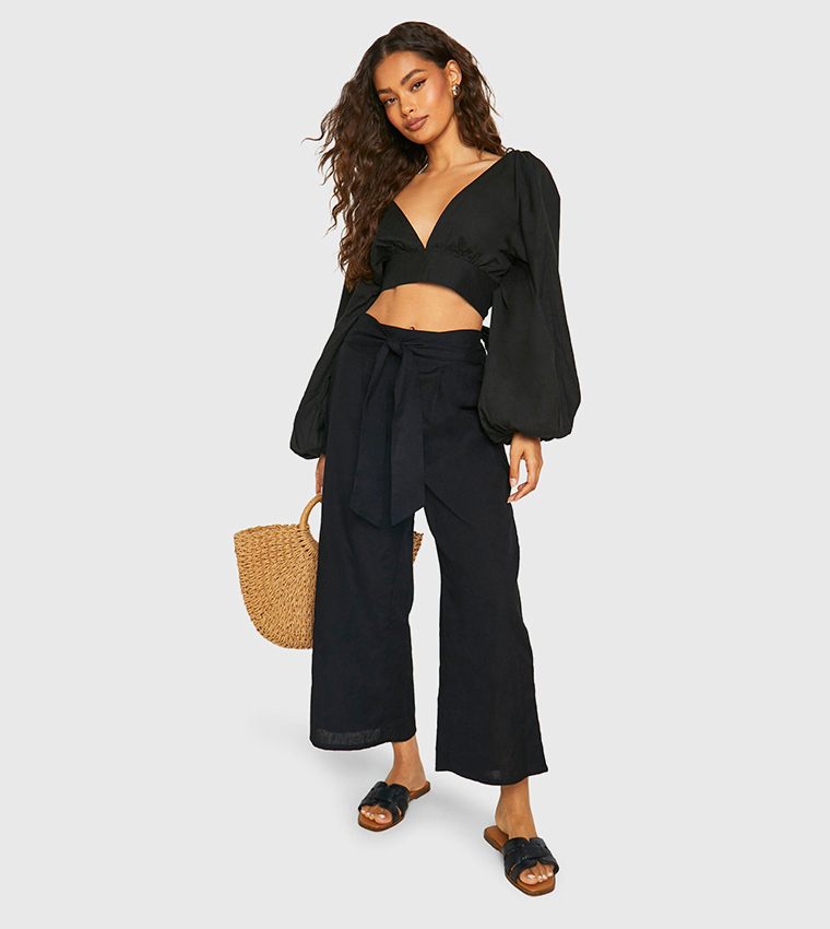 Linen Look Balloon Sleeves Crop & Wide Leg Trouser Set