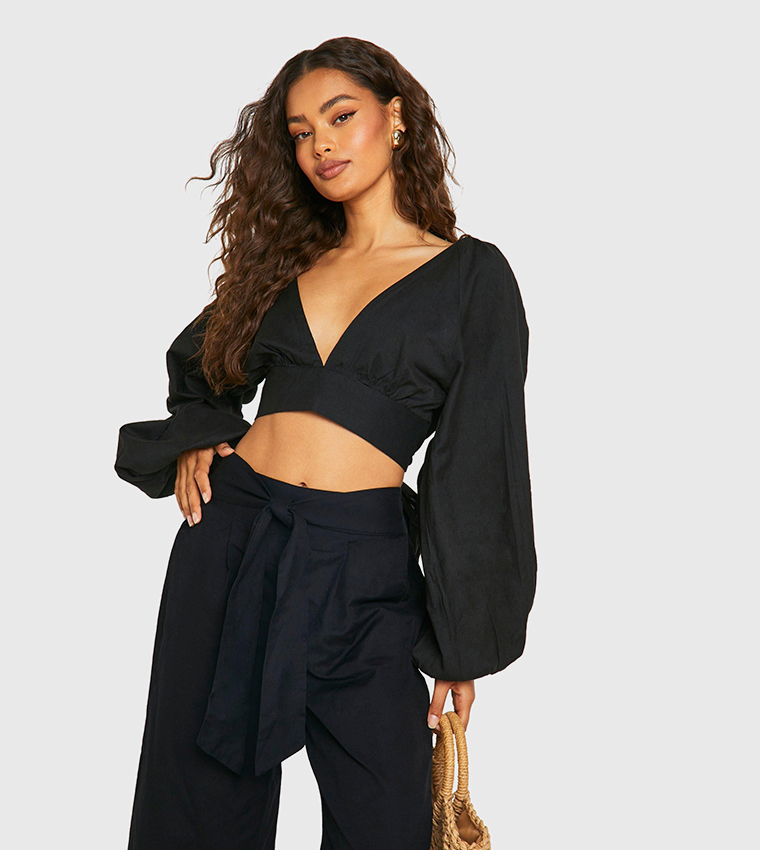 Linen Look Balloon Sleeves Crop & Wide Leg Trouser Set