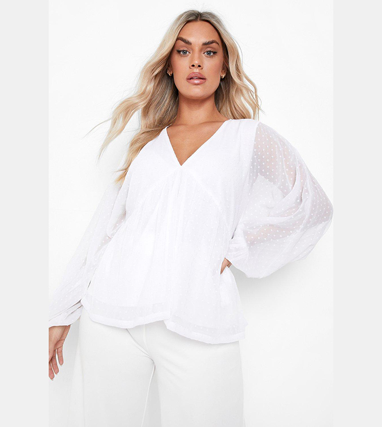Buy Boohoo Dobby Mesh Volume Sleeves Smock Top In Ivory