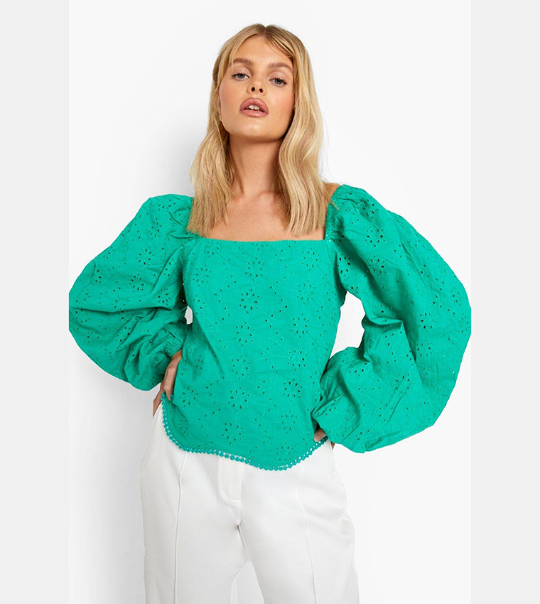 Buy Boohoo Broderie Open Tie Back Top In Green 6thStreet UAE