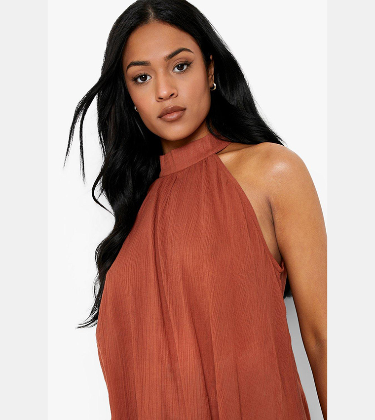 Buy Boohoo Tall Cheesecloth High Neck Swing Top In Tan 6thStreet Qatar