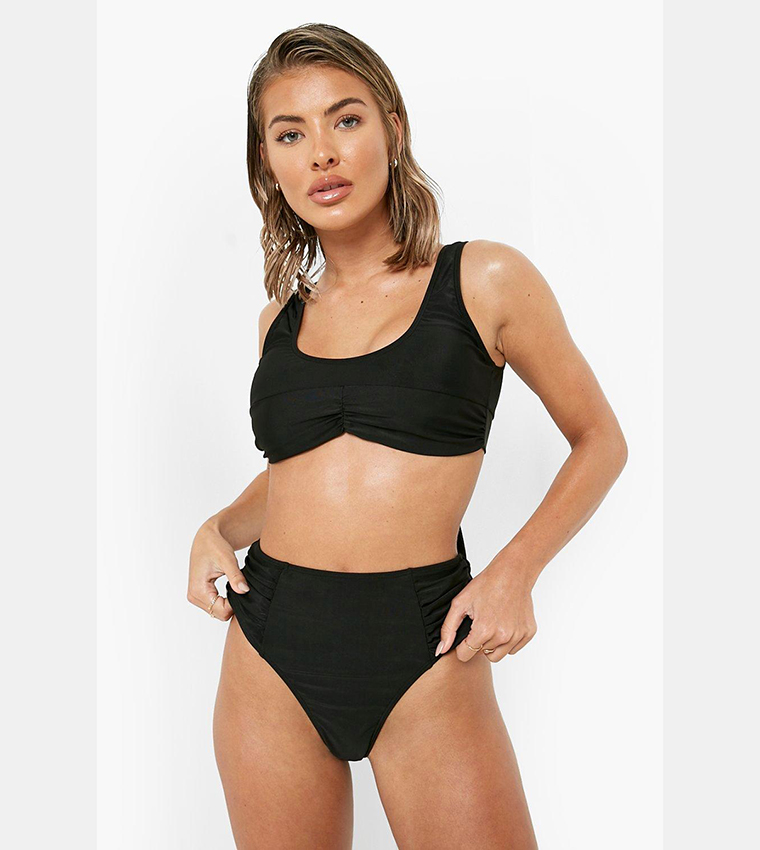 Buy Boohoo Neon Ruched High Waisted Thong Bikini Brief In Black