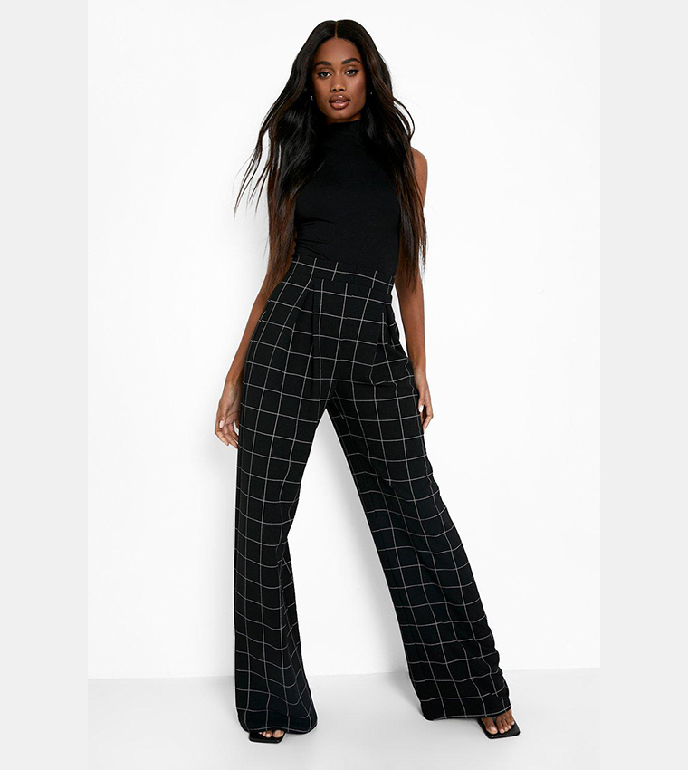 Buy Boohoo Tartan Pleated Wide Leg Work Trousers In Black