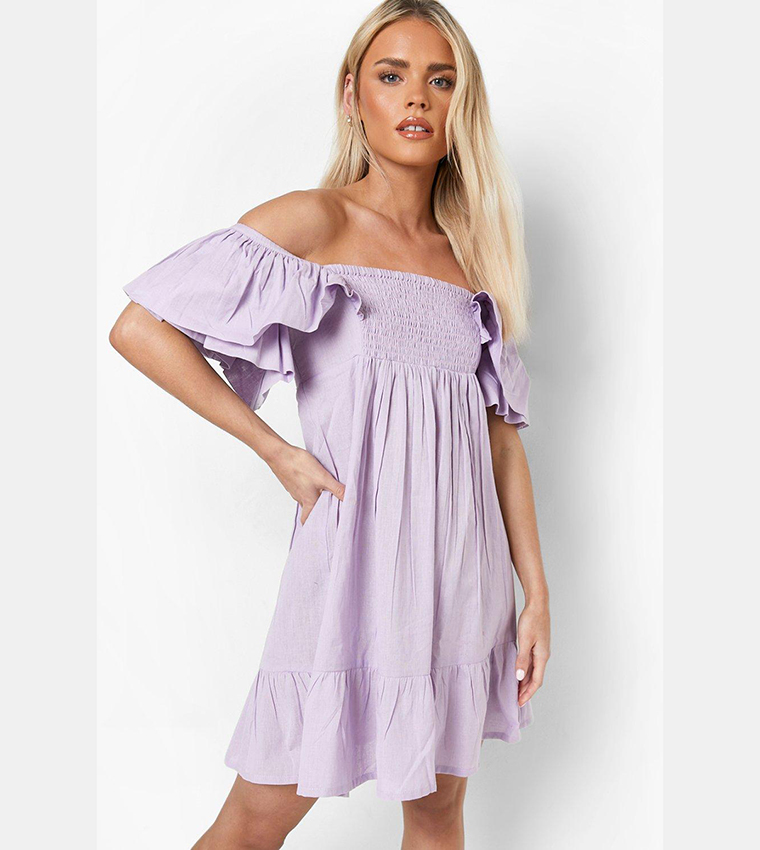 Buy Boohoo Linen Look Angel Sleeves Ruffle Mini Dress In Lilac