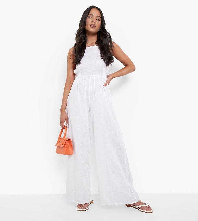 Tailored Linen Strappy Cut Out Detail Wide Leg Jumpsuit