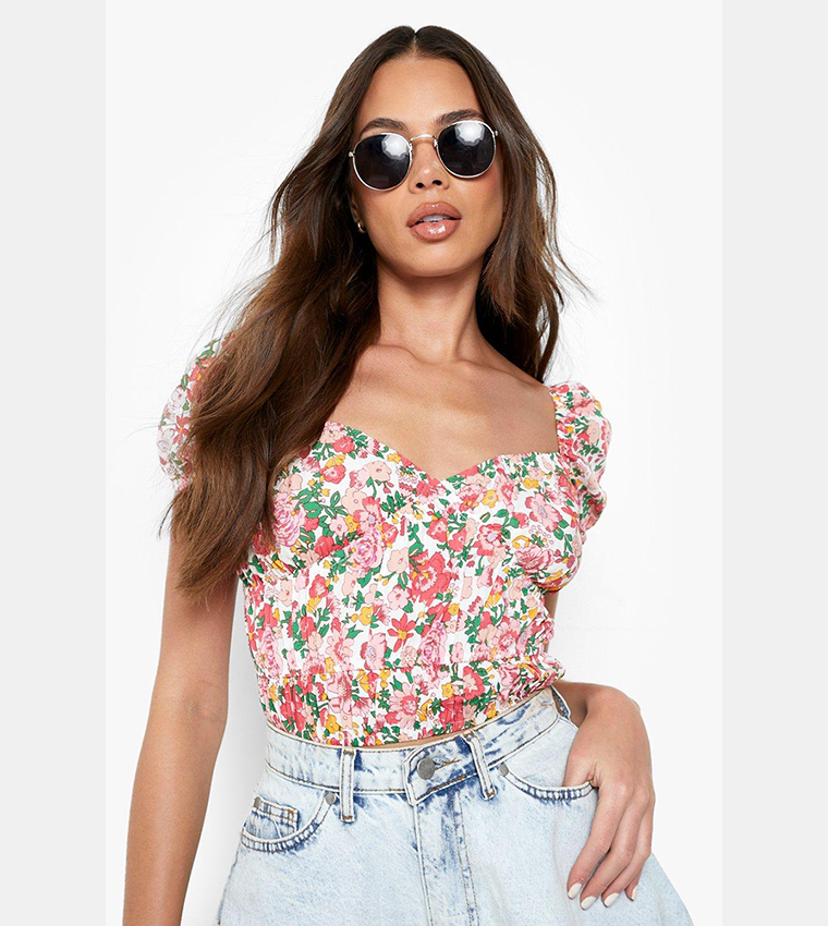 Buy Boohoo Floral Ruched Front Crop Top In White