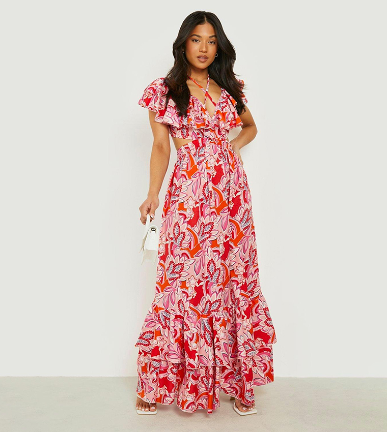 Buy Boohoo Paisley Ruffle Tie Back Maxi Dress In Pink 6thStreet UAE