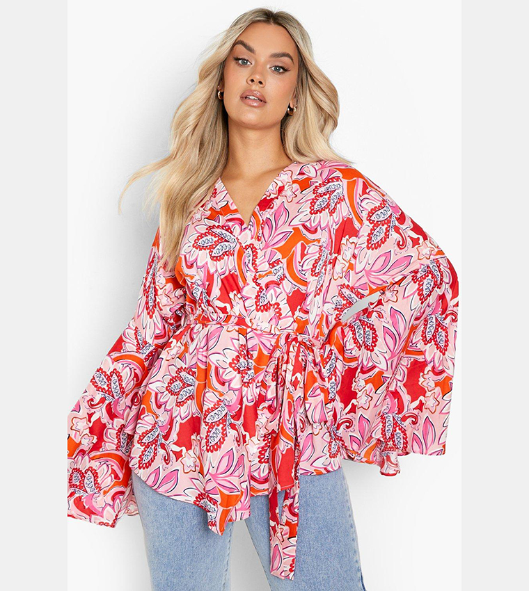 Buy Boohoo Paisley Print Extreme Flare Wrap Top In Pink