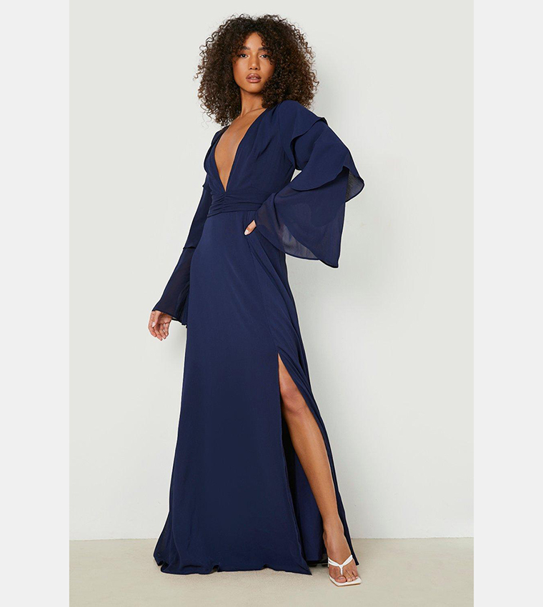 Buy Boohoo Tall Tiered Sleeves Occasion Maxi Dress In Navy | 6thstreet UAE