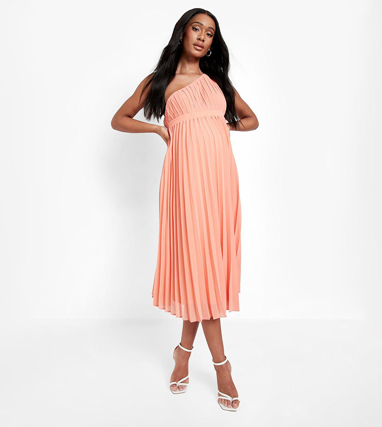 Buy Boohoo One Shoulder Pleated Midi Dress In Coral 6thStreet Qatar