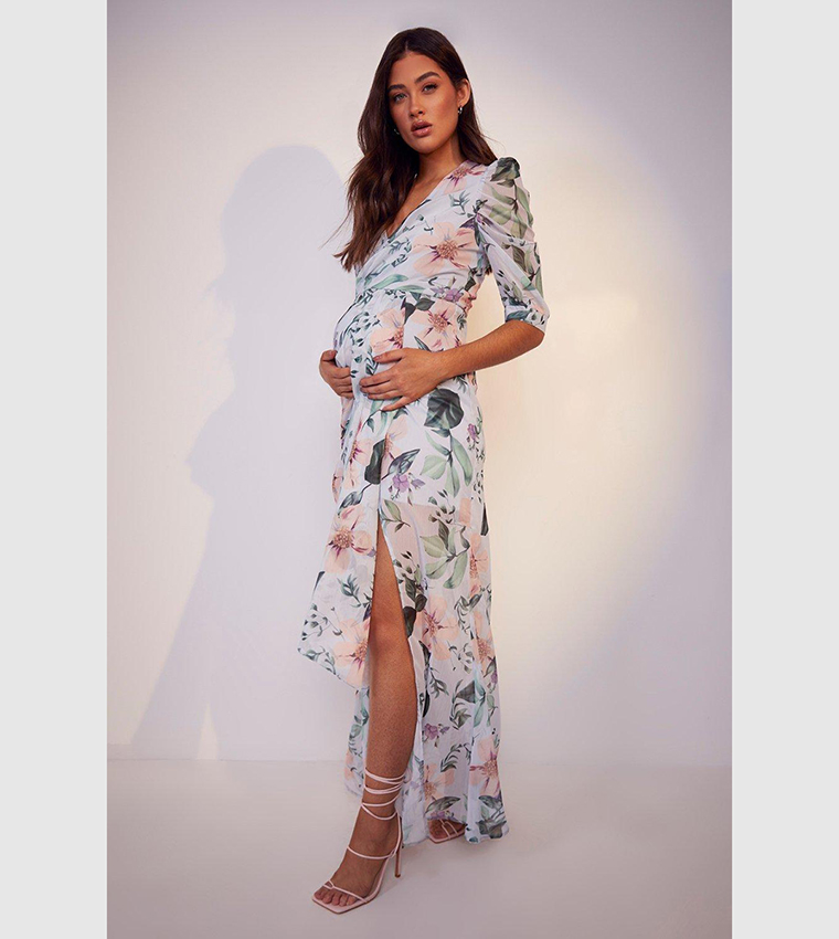 Maternity Occasion Floral Puff Sleeve Maxi Dress