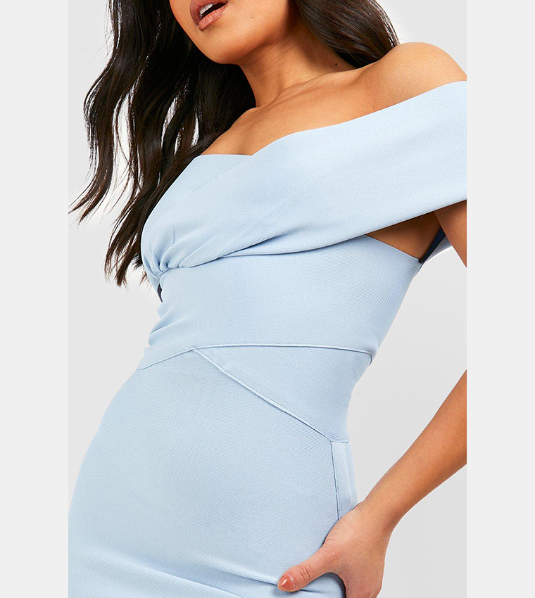 Dusty blue bardot outlet dress