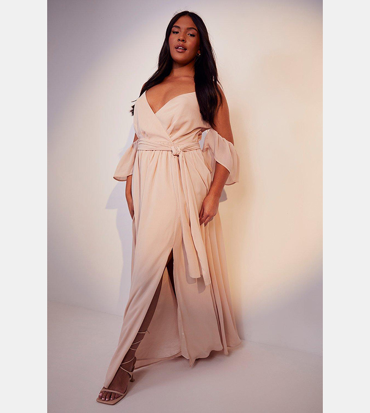 Buy Boohoo Occasion Chiffon Cold Shoulder Maxi Dress In Nude | 6thstreet  Qatar