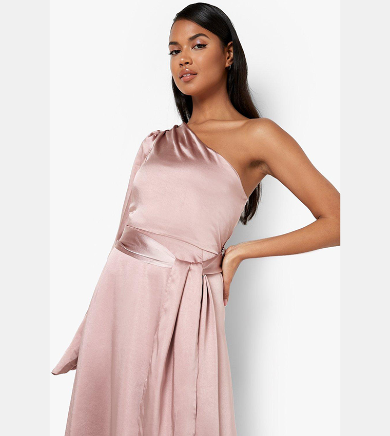 Buy Boohoo Satin One Shoulder Drape Maxi Dress In Rose