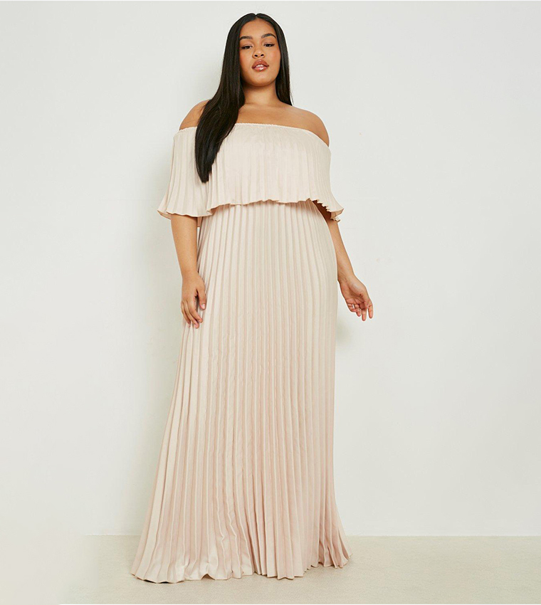 Buy Boohoo Pleated Satin Bardot Maxi Dress In CHAMPAGNE | 6thstreet Oman