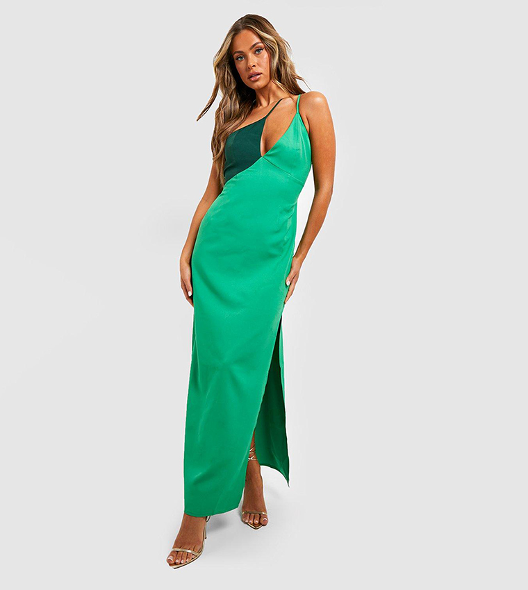 Buy Boohoo Contrast Asymmetric Strappy Maxi Dress In Green