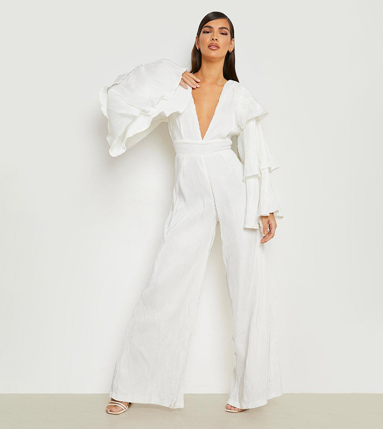 Buy Boohoo Satin Layered Ruffle Sleeves Wide Leg Jumpsuit In White