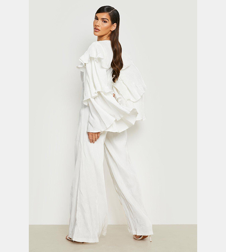 White Bell Sleeve Wide Leg Jumpsuit Buy Boohoo Satin Layered