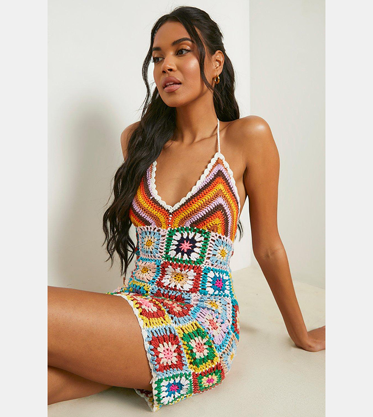premium patchwork crochet knitted dress White Premium Patchwork Crochet Maxi Dress