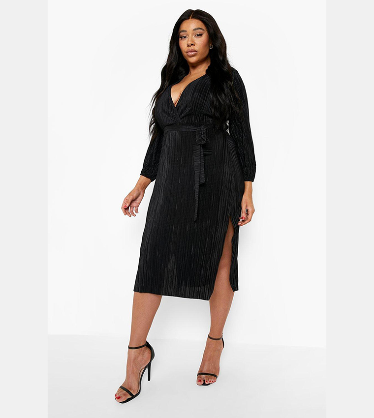 Buy Boohoo Plisse Tie Belt Wrap Midi Dress In Black | 6thStreet Saudi ...