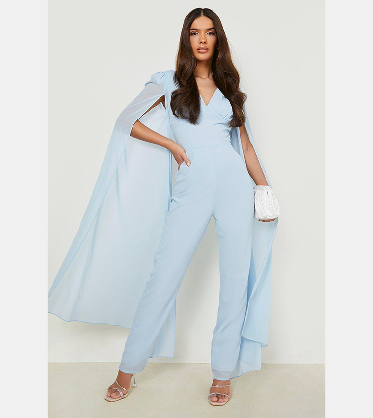 Buy Boohoo Cape Detail Plunge Fitted Jumpsuit In Light Blue | 6thStreet UAE