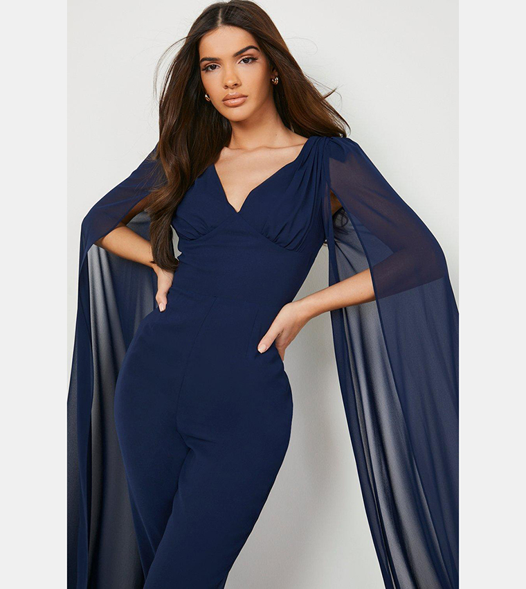 Buy Boohoo Cape Detail Plunge Fitted Jumpsuit In Navy 6thStreet UAE