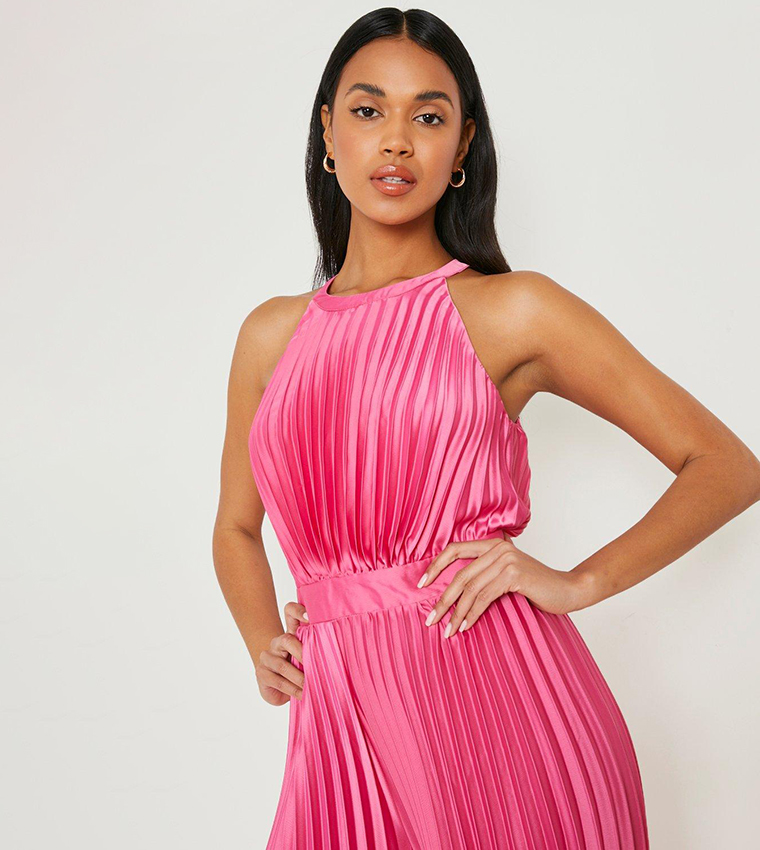 Buy Boohoo Pleated High Neck Wide Leg Jumpsuit In Pink