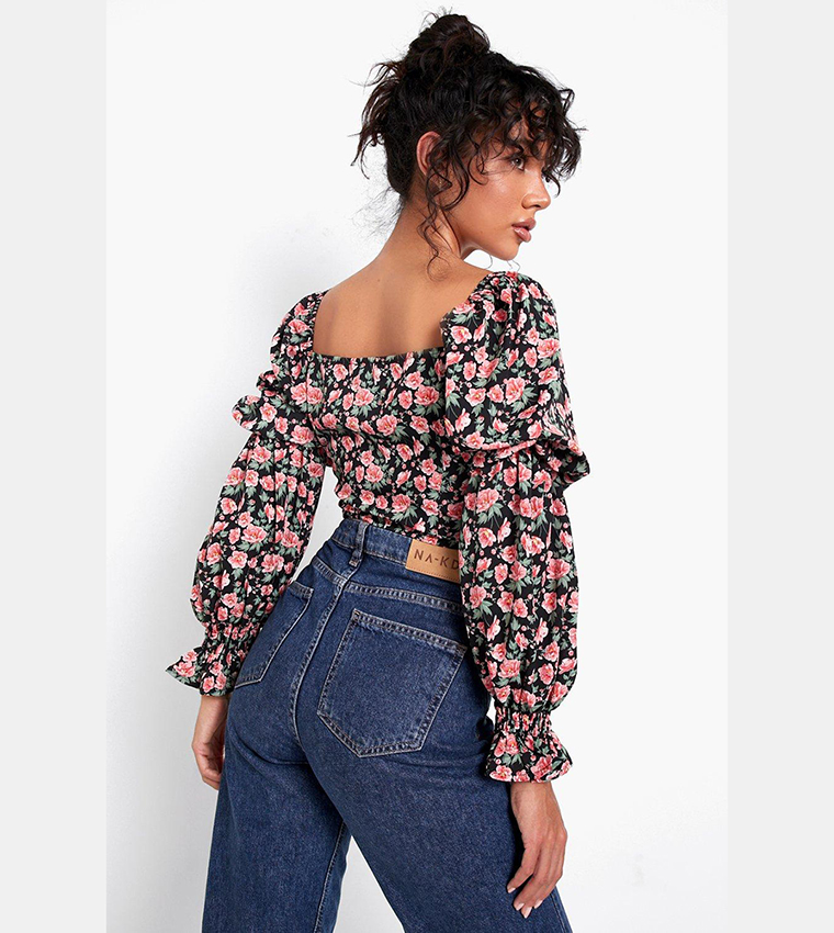 Buy Boohoo Floral Print Puff Sleeves Top In Black | 6thStreet UAE