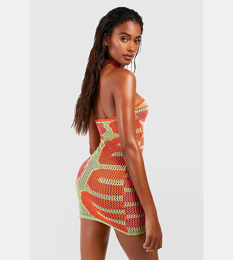 Buy Boohoo Crochet Halter Neck Square Ring Beach Dress In Orange