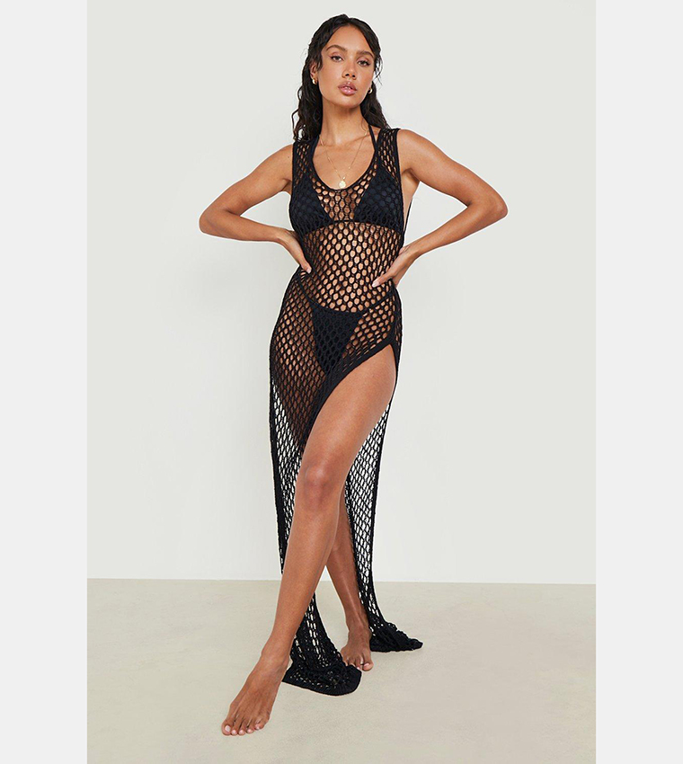 Buy Boohoo Crochet Slit Maxi Beach Dress In Black | 6thstreet Bahrain