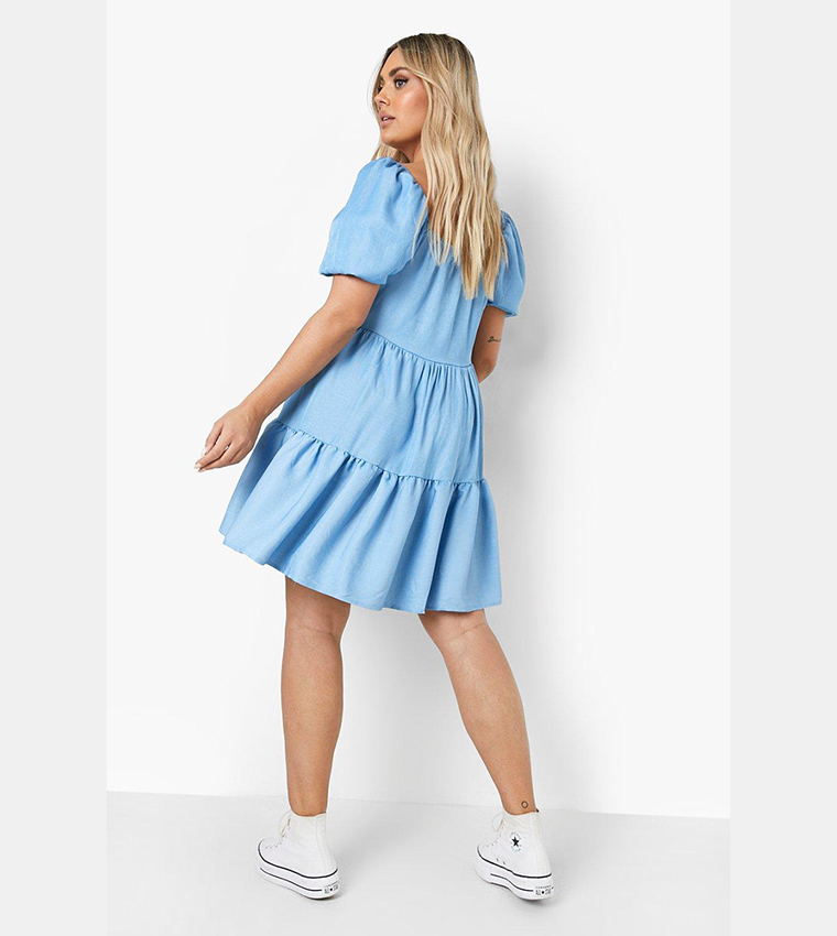 Buy Boohoo Chambray Square Neck Smock Dress In Blue 6thStreet Kuwait