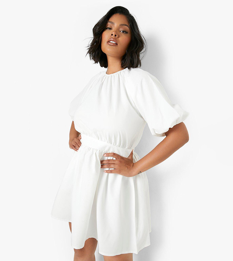 Buy Boohoo Poplin Puff Sleeves Skater Dress In White 6thStreet