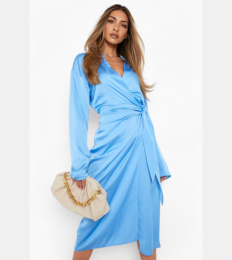 Buy Boohoo Satin Wrap Midaxi Shirt Dress In SKY 6thStreet Kuwait