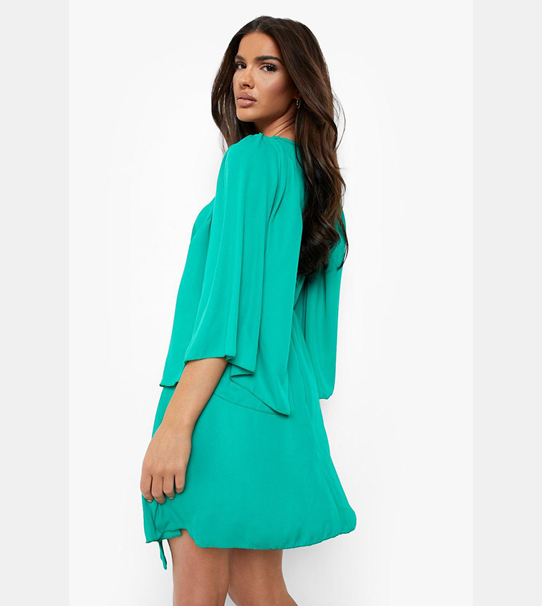 Buy Boohoo Pleat Detail Wide Sleeves Skater Dress In Green | 6thStreet Oman