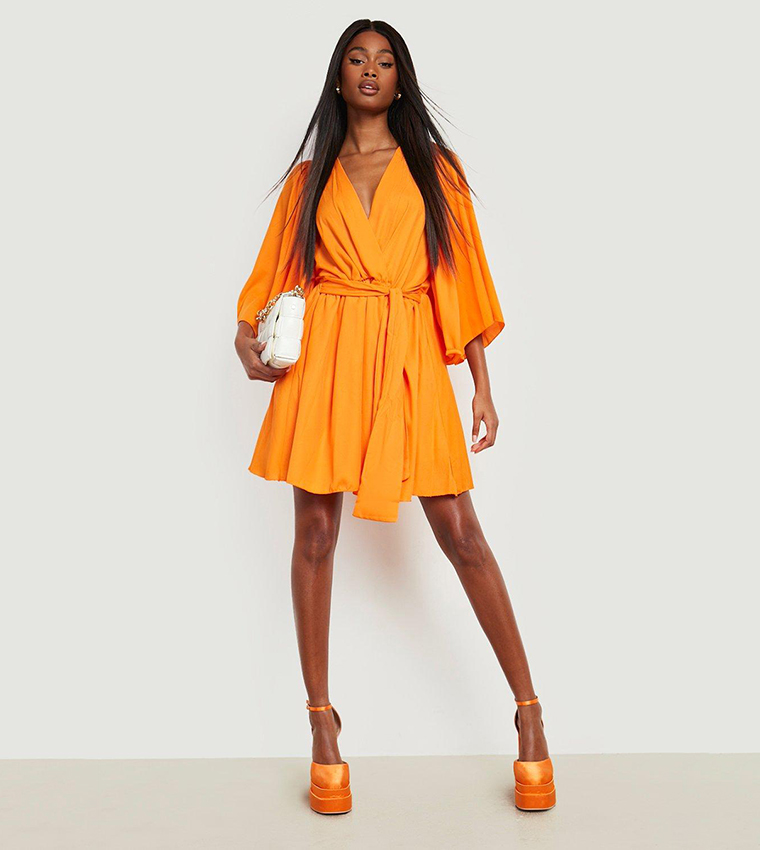 Buy Boohoo Pleat Detail Wide Sleeves Skater Dress In Orange | 6thStreet ...